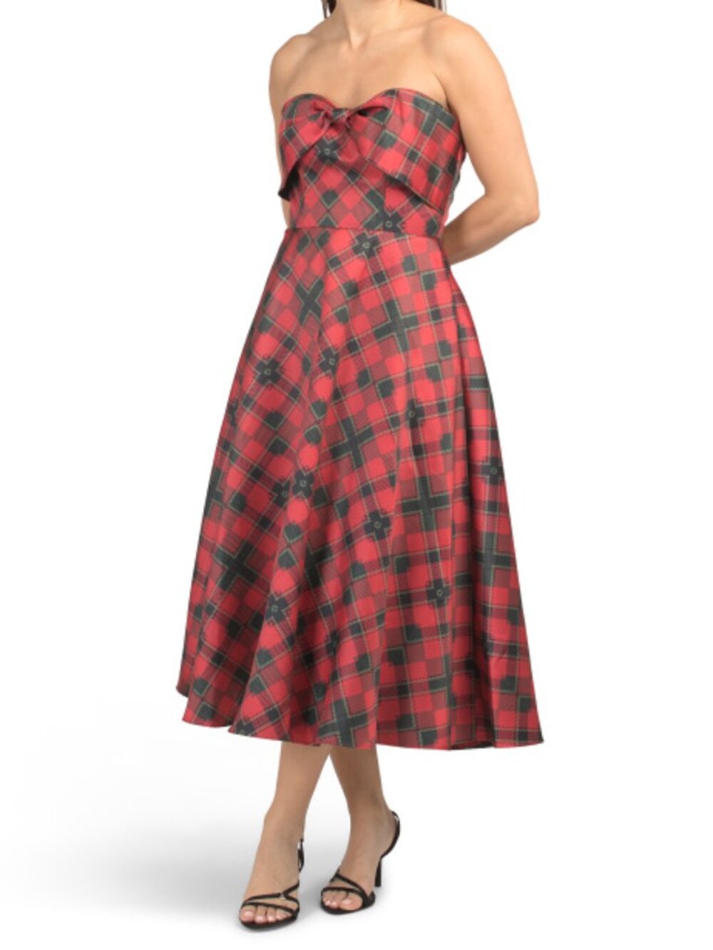 RENE BY RENE RUIZ Strapless Plaid Mikado Tea-length Dress With Bow Front